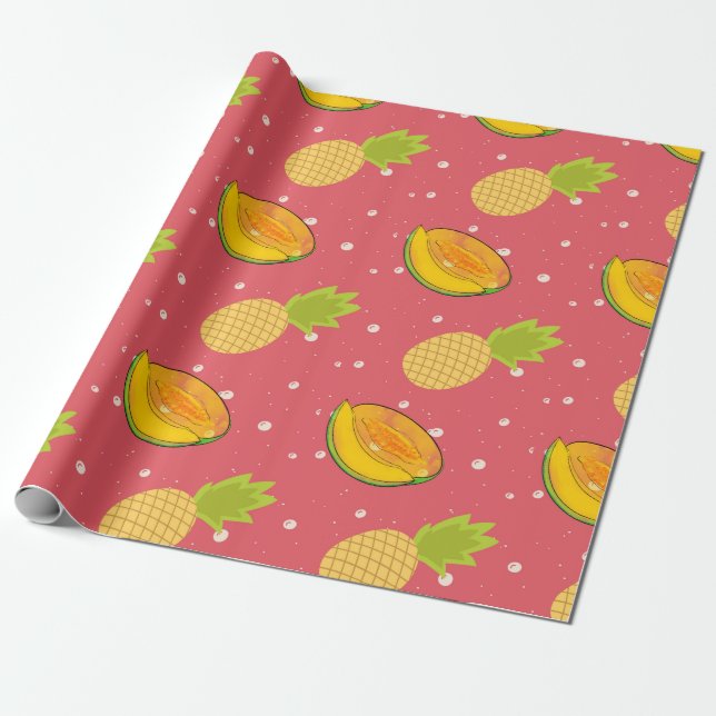 Papier Cadeau salade de fruits : motif de fruits d'ananas et de  (Déroulé)