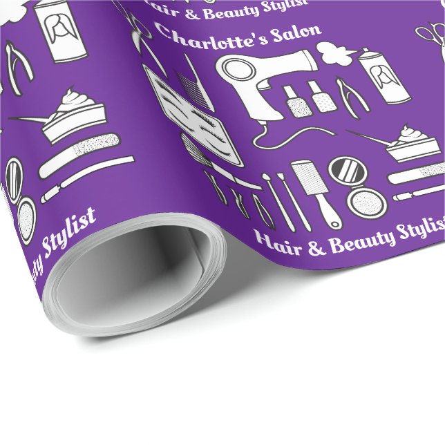 Papier Cadeau Salon de beauté Outils mignon violet personnalisé (Coin rond)