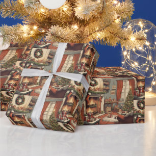 Papier Cadeau Salon de Noël rétro avec sapin de Noël