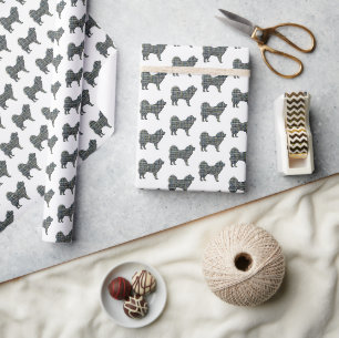 Papier Cadeau Samoyé Chien Silhouette Y&B Grille Blanc