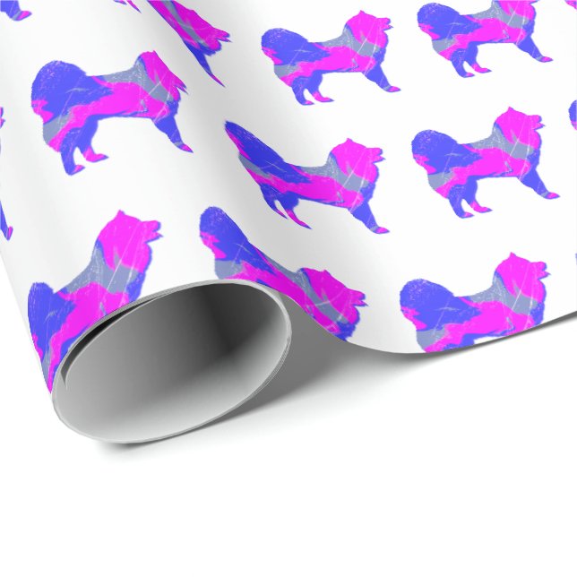 Papier Cadeau Samoyé Sammy Chien Silhouette rose/bleu blanc cade (Coin rond)