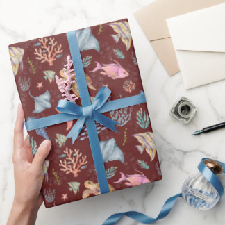 Papier Cadeau Sangria Texturée Vie Océanique Aquarelle