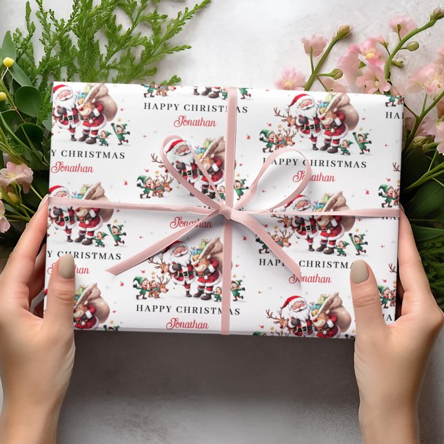 Papier Cadeau Santa Claus Deer Happy Christmas Personalized Name (Créateur téléchargé)