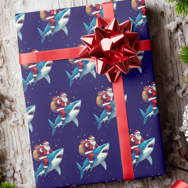 Papier Cadeau Santa Claus équitation requin Noël bleu (Créateur téléchargé)