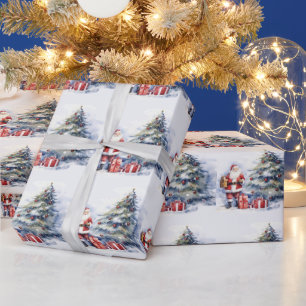 Papier Cadeau Santa Clause avec sapin de Noël paysage enneigé