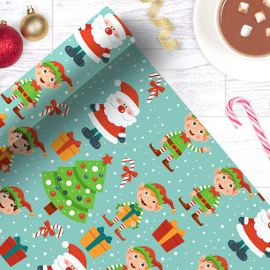 Papier Cadeau Santa et Elfes Sapin de Noël Joyeuses Fêtes