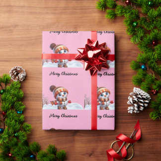 Papier Cadeau Santa & flocons de neige sur un fond rose Noël
