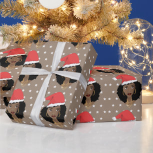 Papier Cadeau Santa Hat de Noël, Femme noire, Étoiles, Brown