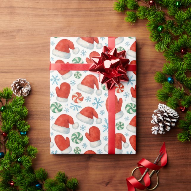 Papier Cadeau Santa Hats & Snowflakes Wrapping Paper (Cadeau de vacances)