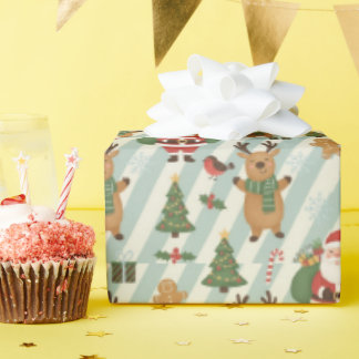 Papier Cadeau Santa & Reindeer Striped Christmas Wrapping Paper
