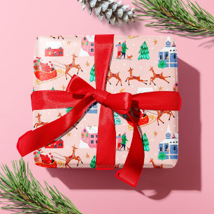 Papier Cadeau Santa & Rénes Noël Rose Village Nordique
