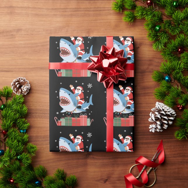 Papier Cadeau Santa Riding Shark Christmas Pajama Cute Ocean  (Cadeau de vacances)
