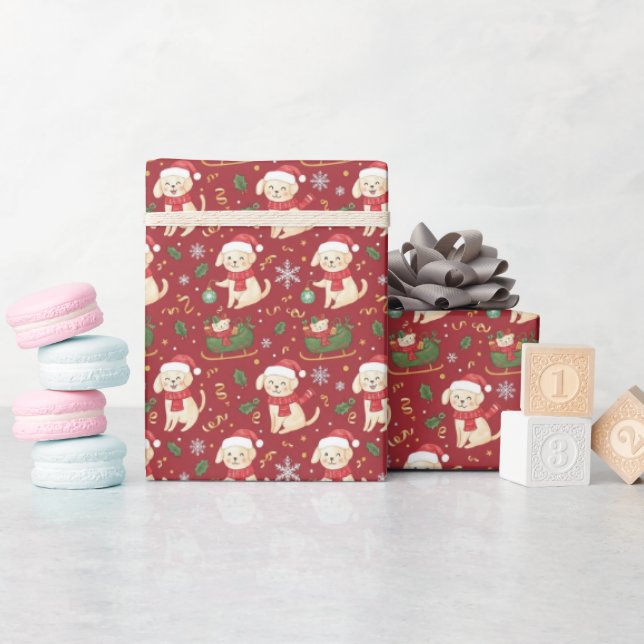 Papier Cadeau Santa with Gifts & puppys Christmas Wrapping Paper (Baby Shower)