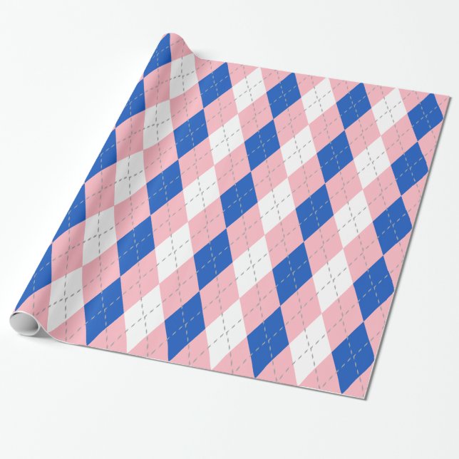 Papier Cadeau Saphir Bleu Rose Gris Foncé Blanc XL Argyle (Déroulé)