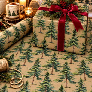 Papier Cadeau Sapin de la forêt de bois d'hiver Kraft