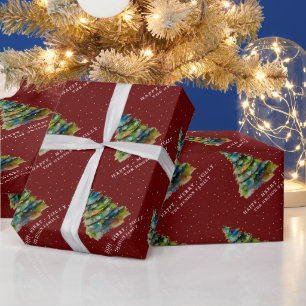 Papier Cadeau Sapin de Noël artistique aquarelle joyeux rouge
