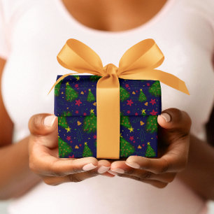 Papier Cadeau Sapin de Noël bleu avec cloches et fleurs rouges