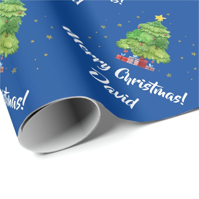 Papier cadeau Sapin de Noël Bleu Joyeux Noël (Coin rond)