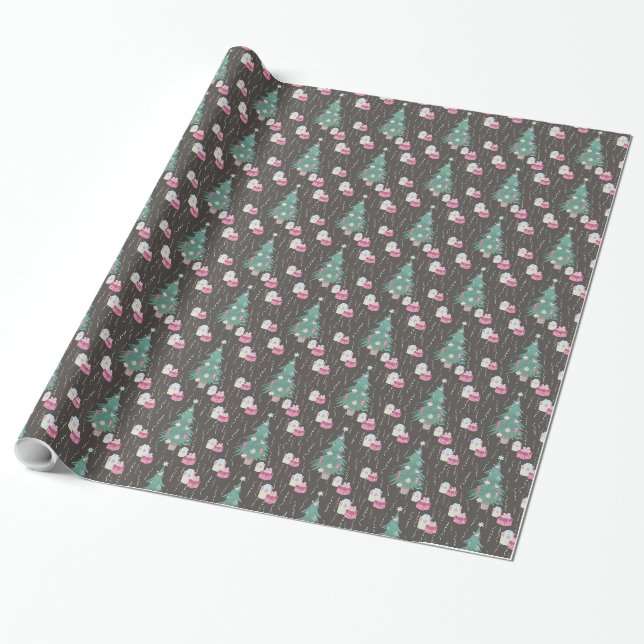 Papier Cadeau Sapin de Noël Cadeaux Roses Joyeuses Fêtes (Déroulé)