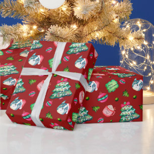 Papier Cadeau Sapin de Noël, Chiot, Ornements, Chocolat Chaud