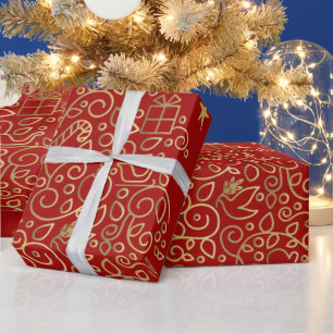 Papier Cadeau Sapin de Noël doré et étoiles sur fond rouge