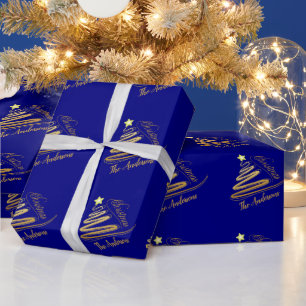 Papier Cadeau Sapin de Noël élégant bleu marine à feuilles d'or