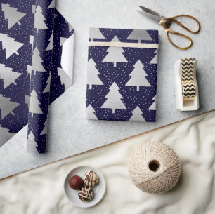 Papier Cadeau Sapin de Noël élégant en faux feuillage bleu et ar