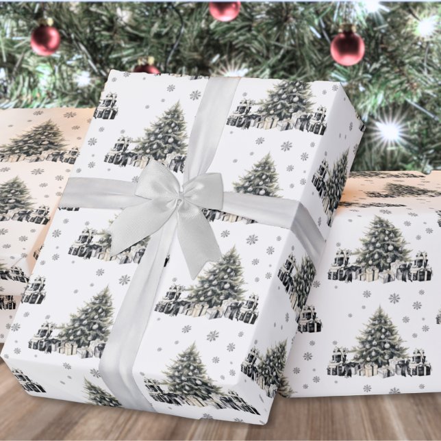 Papier Cadeau Sapin de Noël Élégant Noir Blanc (Black White Elegant Christmas Tree Wrapping Paper)