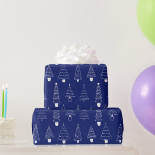 Papier Cadeau Sapin de Noël élégant royal bleu blanc