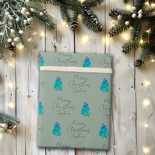 Papier Cadeau Sapin de Noël élégant vert sauge personnalisé Joye