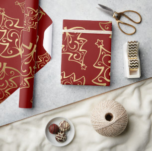 Papier Cadeau Sapin de Noël en Faux Foil Rouge et Or Élégant