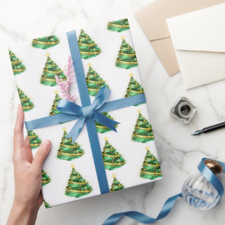 Papier Cadeau Sapin de Noël en vert émeraude et or