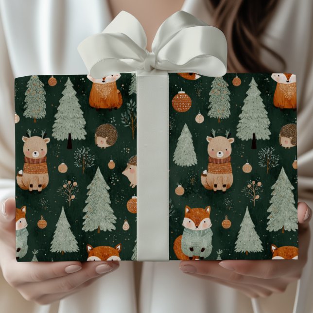 Papier Cadeau Sapin de Noël fantaisiste avec renard rouge vert f (Créateur téléchargé)