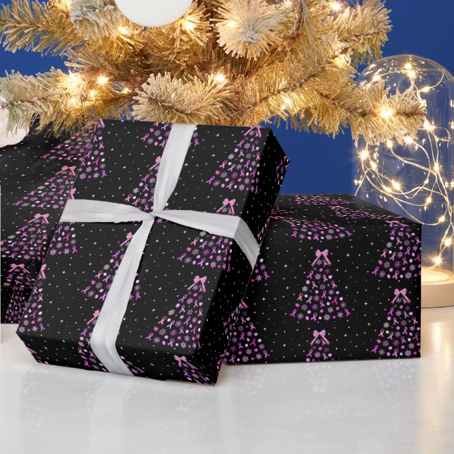 Papier Cadeau Sapin de Noël flocon de neige ruban rose (Vacances)