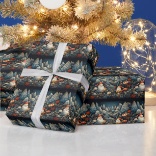 Papier Cadeau Sapin de Noël Forêt Fleurs Rouges