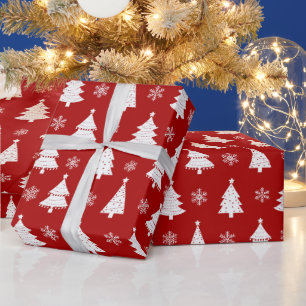 Papier Cadeau Sapin de Noël hivernal rouge et blanc & flocons de
