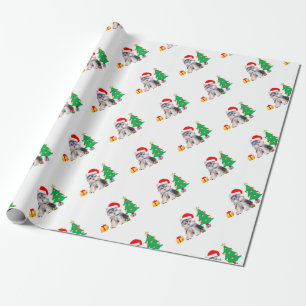 Papier Cadeau Sapin de Noël, joli chiot Yorkshire & cadeaux