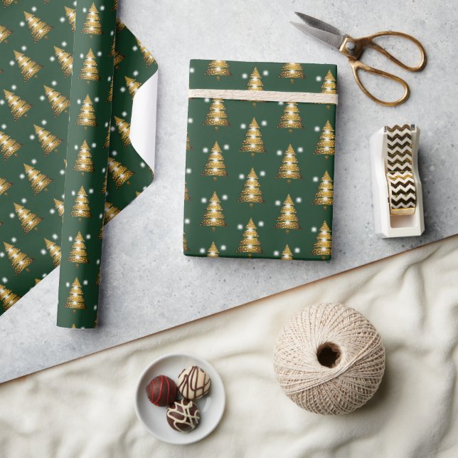 Papier Cadeau Sapin de Noël Moderne Vert Doré  (Artisanat)