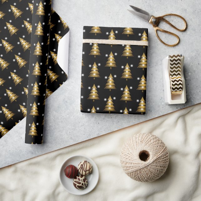 Papier Cadeau Sapin de Noël noir doré moderne  (Artisanat)