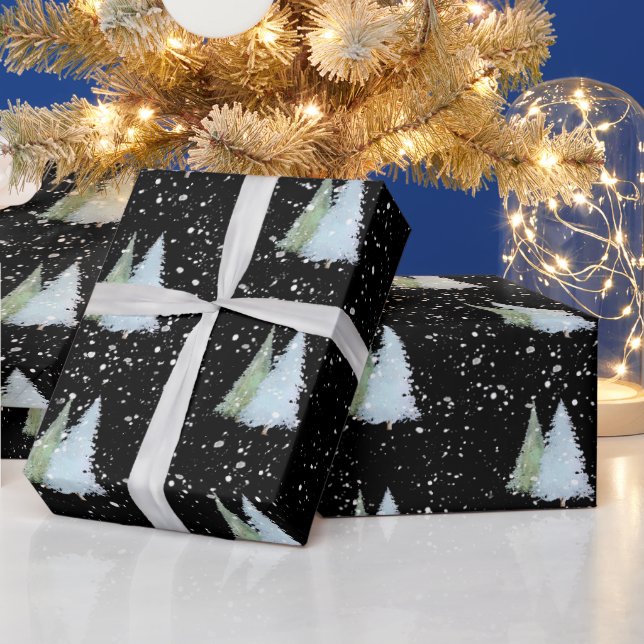 Papier Cadeau Sapin de Noël noir vert forêt et flocon de neige (Vacances)