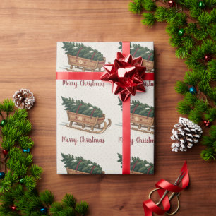 Papier Cadeau Sapin de Noël nordique sur un traîneau en bois pou