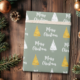 Papier Cadeau Sapin de Noël personnalisé vert sauge blanc doré
