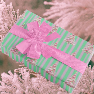Papier Cadeau Sapin de Noël rayé vert menthe et rose vintage