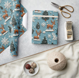 Papier Cadeau Sapin de Noël Renne Fil Tissé Hiver