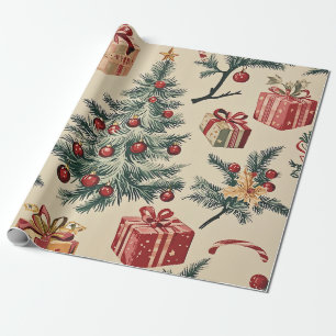 Papier Cadeau Sapin de Noël Rétro Rouge Vert Crème Fêtes