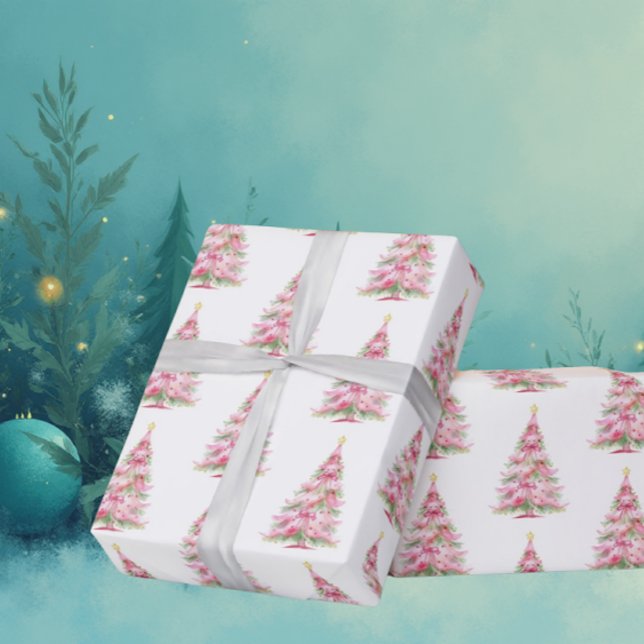 Papier Cadeau Sapin de Noël rose (Pastel watercolor pink trees!)