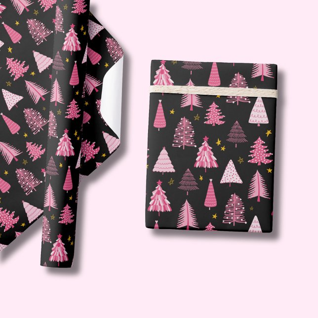 Papier Cadeau Sapin de Noël Rose Noir (Pink Christmas tree on black, wrapping paper rolls. Other colors & matching products available.)