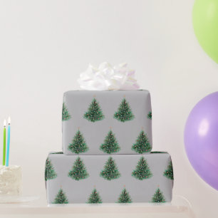 Papier Cadeau Sapin de Noël vert aquarelle gris vintage
