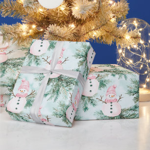 Papier Cadeau Sapin Rose Blanc Bonhomme de Neige Fille