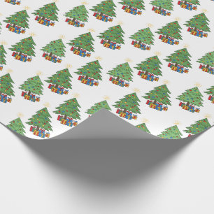 Papier Cadeau Sapins de Noël à étoile et motifs de cadeaux